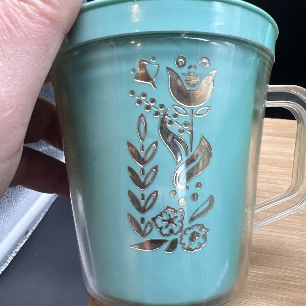 Set Of 4 Vintage Burrite Double Walled Insulated Teal Mugs gold leaf 10 oz - Picture 8 of 9